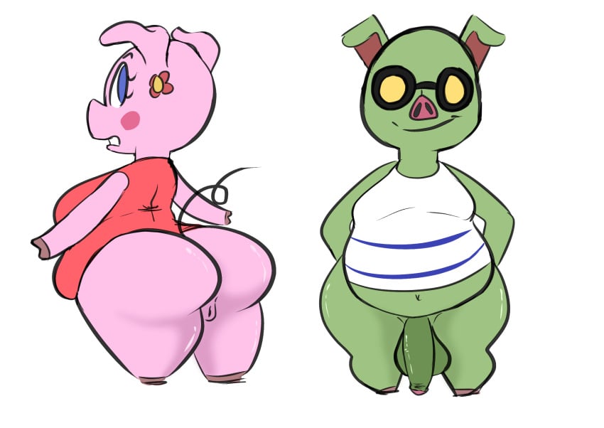 animal_crossing ass balls big_breasts bottomless breasts cobb_(animal_crossing) elewdfurs fat female gala_(animal_crossing) glasses huge_ass male nintendo penis pig pussy thick_thighs video_games wide_hips