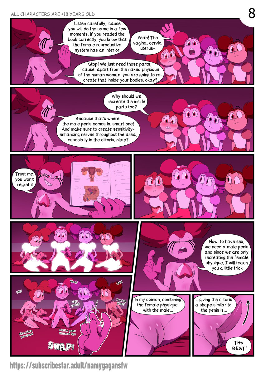 1futa 5girls absurd_res clitoral_futanari clitoris clitoris_expansion comic comic_page dialogue english_text female female_only futanari gangbang group namygaga nude petite self_upload spinel_(steven_universe) steven_universe text twintails yuri