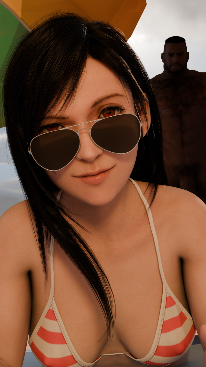 1boy 1girls 3d aviator_sunglasses barret_wallace bikini black_hair brown_eyes cheating_girlfriend dark-skinned_male final_fantasy final_fantasy_vii final_fantasy_vii_remake implied_ntr long_hair long_hair_female looking_over_eyewear looking_over_glasses looking_over_sunglasses red_bikini_top shade sunglasses tagme tifa_lockhart tinted_eyewear