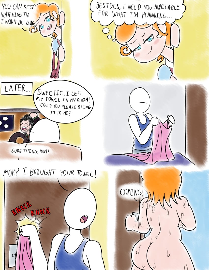 borderless_layout borderless_panel comic dialogue incest milf mom_(noxshade) mother_and_son naked naked_female noxshade orange_hair son_(noxshade) tagme text thought_bubble towel wet wet_body