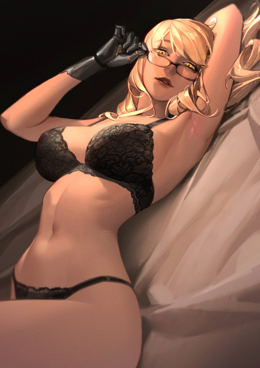 1girls absurdres adjusting_eyewear alma_armas arm_behind_head armpits bare_arms bare_shoulders black_background black_bra black_panties blonde_hair bra breasts breasts_apart collarbone english_commentary female glasses highres knee_up lace-trimmed_bra lace-trimmed_panties lace_trim large_breasts limart lingerie lips long_hair looking_at_viewer lying mechanical_hands navel on_back on_bed panties parted_lips prosthesis prosthetic_hand red-framed_eyewear red_lips simple_background solo swept_bangs underwear underwear_only va-11_hall-a yellow_eyes