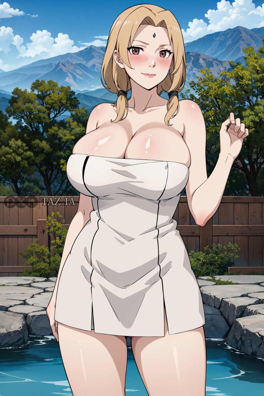 1girls adapted_costume ai_generated almost_naked bare_shoulders bare_thighs barely_clothed big_breasts blonde_hair blush breasts brown_eyes busty cleavage female female_focus gilf hot_spring huge_breasts large_breasts light-skinned_female light_skin lipstick looking_at_viewer makeup mature mature_female mature_woman milf mommy mostly_nude naked_towel naruto naruto_(series) naruto_shippuden onsen partially_submerged patreon_username pixiv_username sagging_breasts smile standing taz_ia thick_thighs towel towel_only tsunade twintails twitter_username url voluptuous voluptuous_female water watermark waving web_address