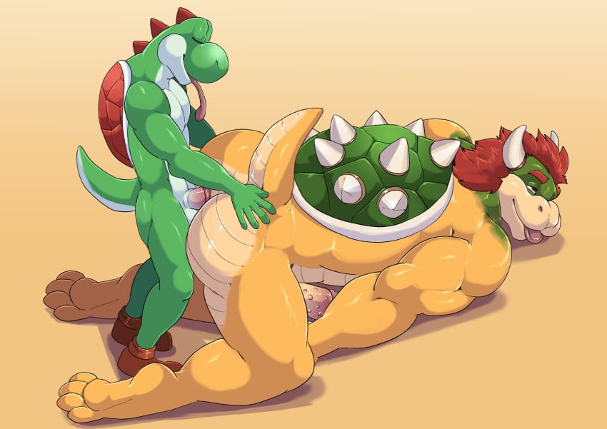 2boys anal anal_sex anthro anthro_on_anthro bowser duo from_behind_position furry furry_only furryratchet gay gay_sex hi_res koopa larger_male male male/male mario_(series) muscular nintendo penetration reptile scalie sex side_view size_difference smaller_male standing tail tongue tongue_out yoshi