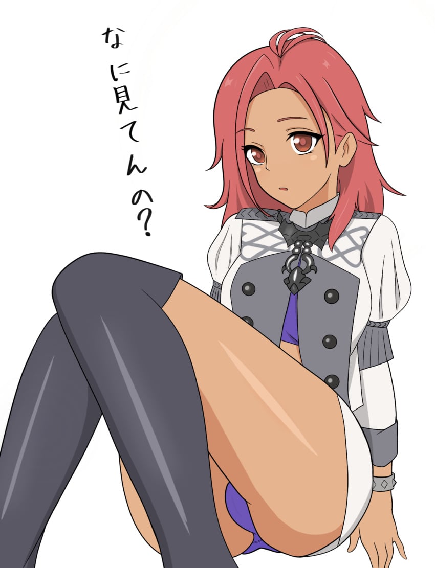 1girls ass bare_midriff bare_thighs big_ass breasts dark-1girls dark-skinned_female dark_skin female female_only fire_emblem fire_emblem:_three_houses garreg_mach_monastery_uniform hapi_(fire_emblem) japanese_text long_sleeves medium_hair midriff nintendo open_mouth panties pantyshot pantyshot_(sitting) purple_panties red_eyes red_hair skinned_female skirt small_breasts solo text thighhighs thighs translation_request underwear upskirt yoshio_hentai