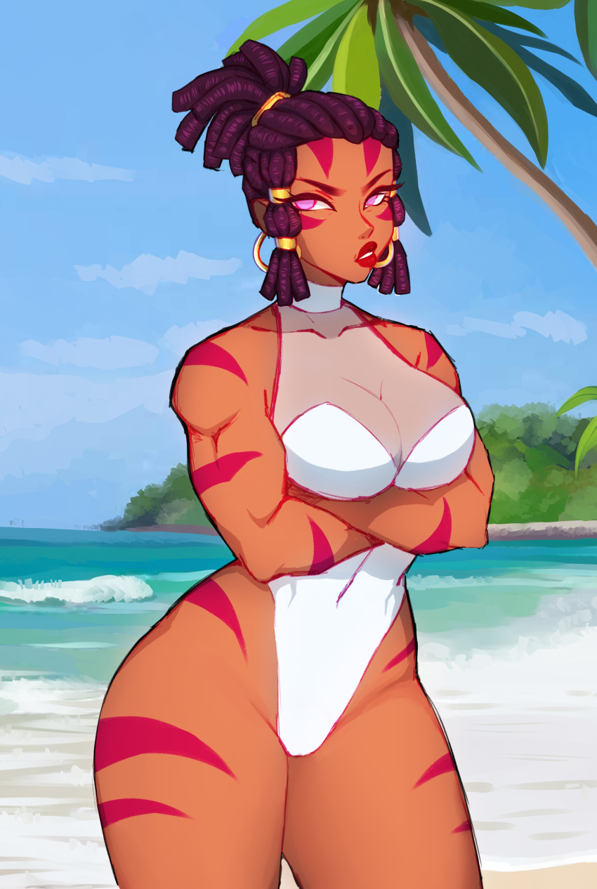 beach big_ass big_breasts brawlhalla crossed_arms eirlys female female_only jhala_(brawlhalla) muscular_female one-piece_swimsuit