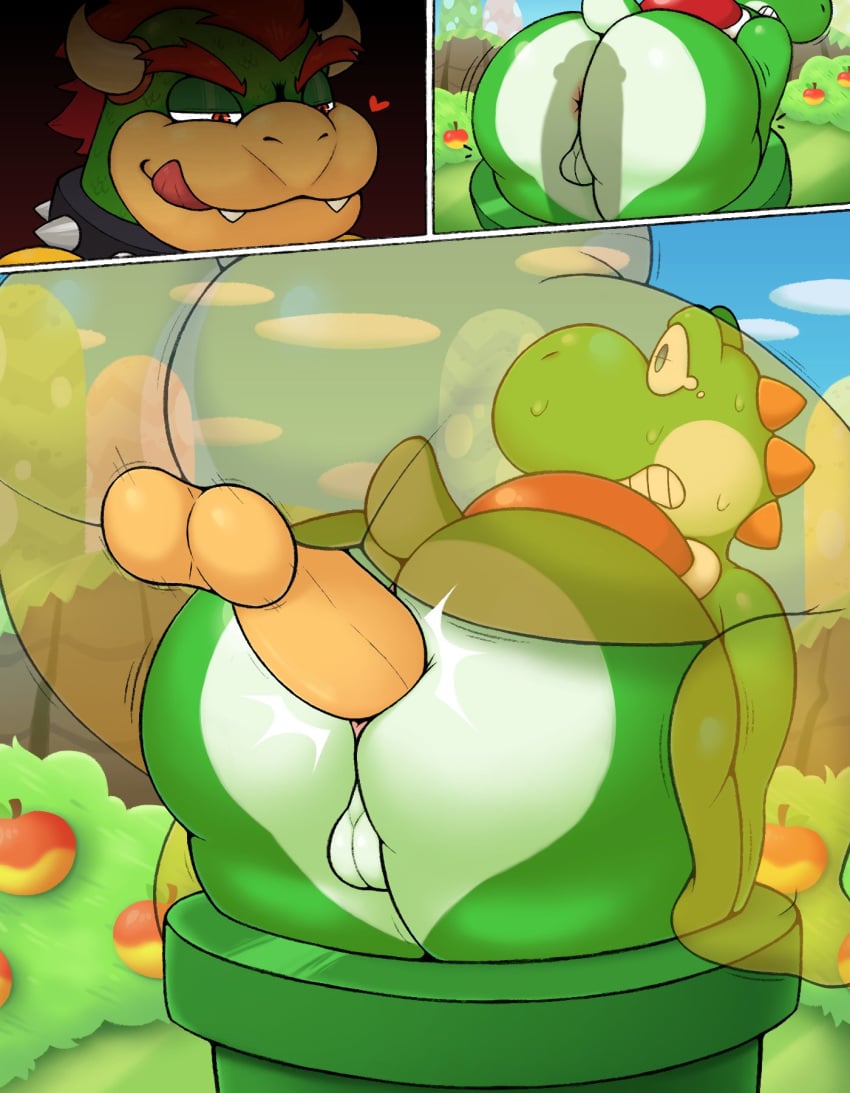 2d anal anal_sex anthro anthro_on_anthro anus apple ass backsack balls belly bent_over big_ass big_penis blue_eyes bodily_fluids body_markings bowser collar detailed_background digital_media_(artwork) dinosaur duo erection food gay genitals glans green_body green_yoshi half-closed_eyes heart hi_res horn humanoid_genitalia koopa licking_lips male male/male male_only mario_(series) markings motion_lines nintendo on_bottom on_top outdoors outside penetration penis perineum pipes protagonistsub_antagonistdom rape rear_view red_eyes red_hair reptile scalie sex shadow shell smile spiked_collar spikes spikes_(anatomy) stuck stuck_in_pipe super_mario_bros. sweatdrop tail tears tongue tongue_out two_tone_body wide_eyed wide_hips x-ray yellow_body yoshi zlut385