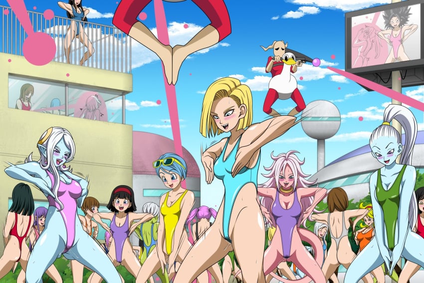 android_18 android_21 angel_(dragon_ball) artist_request ass bad_launch bare_legs black_hair blue_hair blue_skin blush body_control brown_hair bulma_briefs caulifla cheelai collarbone dragon_ball dragon_ball_fighterz dragon_ball_super dragon_ball_z female_only femsub green_skin haigure hair_band happy_trance launch long_hair mass_hypnosis multiple_girls multiple_subs necklace one-piece_swimsuit open_mouth outdoors pink_hair pink_skin ponytail purple_hair short_hair smile squatting standing sunglasses swimsuit tongue tongue_out towa twintails vados very_long_hair videl white_hair