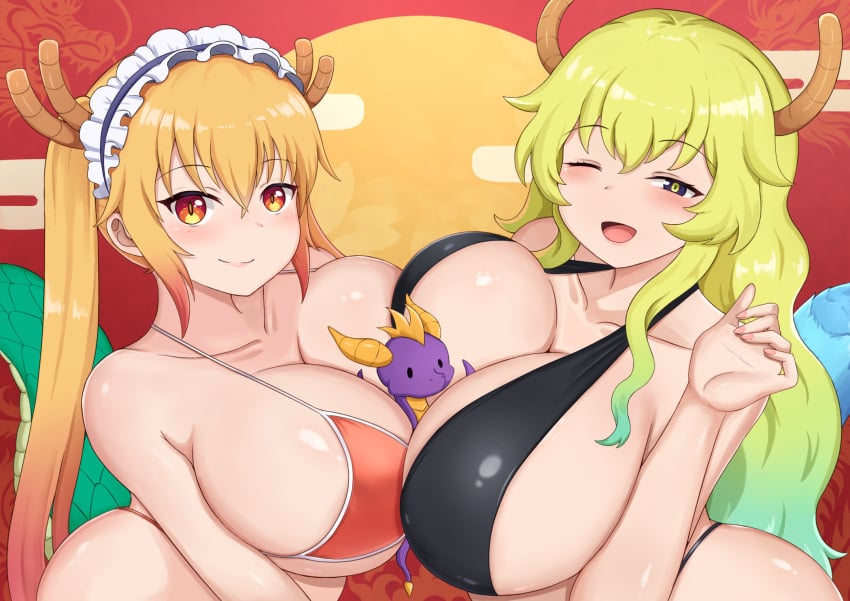 1boy 2girls blonde_hair breasts cleavage crossover female hi_res horns huge_breasts light-skinned_female light_skin male massive_breasts miss_kobayashi's_dragon_maid new_year new_year_2024 quetzalcoatl_(dragon_maid) sleeptopi spyro spyro_the_dragon tohru_(dragon_maid) trait_connection year_of_the_dragon