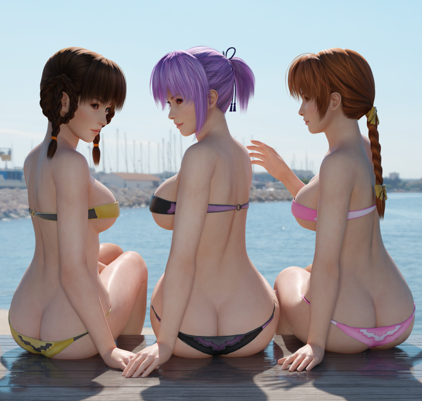 3d 3girls alluring ass auburn_hair ayane_(doa) beach bikini black_hair brown_eyes dead_or_alive dead_or_alive_xtreme_beach_volleyball kasumi_(doa) kunoichi lavender_hair lei_fang ocean radianteld red_eyes silf silfs tecmo