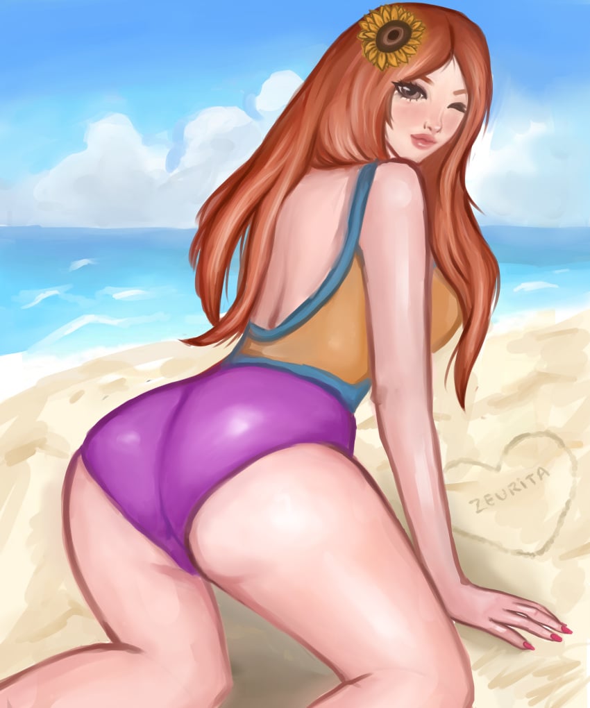 ass beach big_ass big_breasts kneeling league_of_legends leona_(league_of_legends) pool_party_series red_hair red_hair sand sea seaside summer sunlight swimsuit swimwear wink winking_at_viewer zeurita zeurita