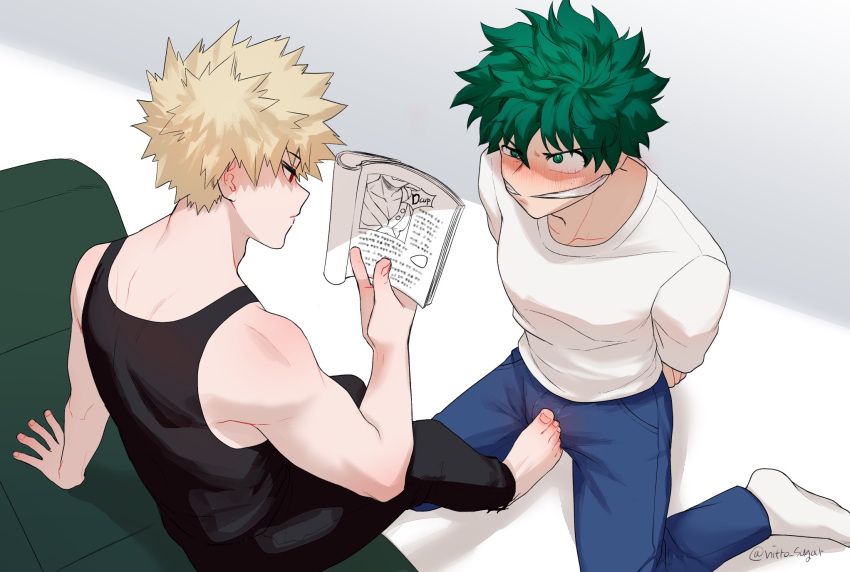 2boys arms_behind_back bakugou_katsuki barefoot black_pants black_tank_top blonde_hair blue_pants boku_no_hero_academia bondage book bound bulge couch feet footjob_over_clothes gay green_eyes green_hair highres holding holding_book izuku_midoriya male midoriya_izuku multiple_boys my_hero_academia nitro_sugar pants reading red_eyes seoltang_(nitro_sugar) shirt short_hair socks spiked_hair tank_top white_shirt white_socks yaoi