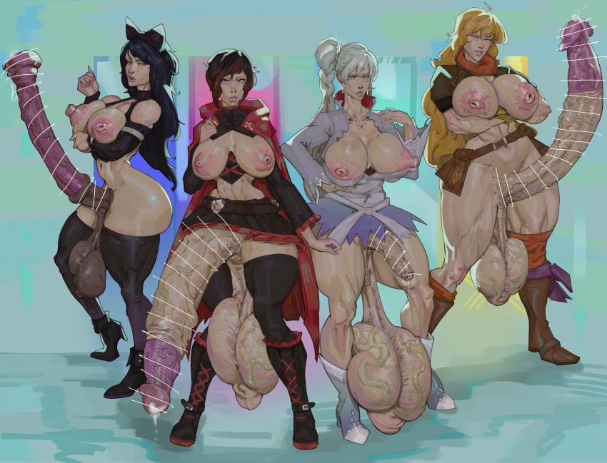 4futas areolae balls bar_censor big_penis big_testicles blake_belladonna bottomless breasts censored circumcised circumcision_scar clothed clothing frenulum_removed futa_only futanari horsecock huge_ass huge_balls huge_breasts huge_cock huge_penis huge_testicles human humanoid light-skinned_futanari light_skin lips long_penis midriff mostly_clothed mostly_nude navel nipples penis ruby_rose rwby standing thick_thighs very_long_penis weiss_schnee wide_hips yang_xiao_long zyldark