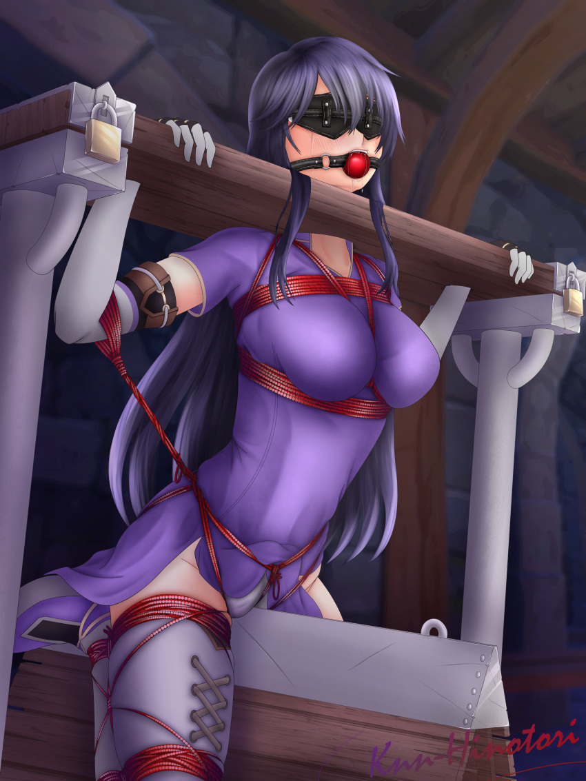 1girls ayra_(fire_emblem) ball_gag bare_thighs black_hair blindfold bondage boots bound bound_legs breasts crying dress drooling elbow_gloves female female_only femsub fire_emblem fire_emblem:_genealogy_of_the_holy_war gag gloves grey_panties indoors knn-hinotori lock long_hair medium_breasts multicolored_hair nintendo panties pelvic_curtain pillory purple_hair rape restrained rope rope_bondage saliva saliva_trail short_sleeves solo stationary_restraints thigh_boots thighs underwear vaginal_penetration very_long_hair wooden_horse