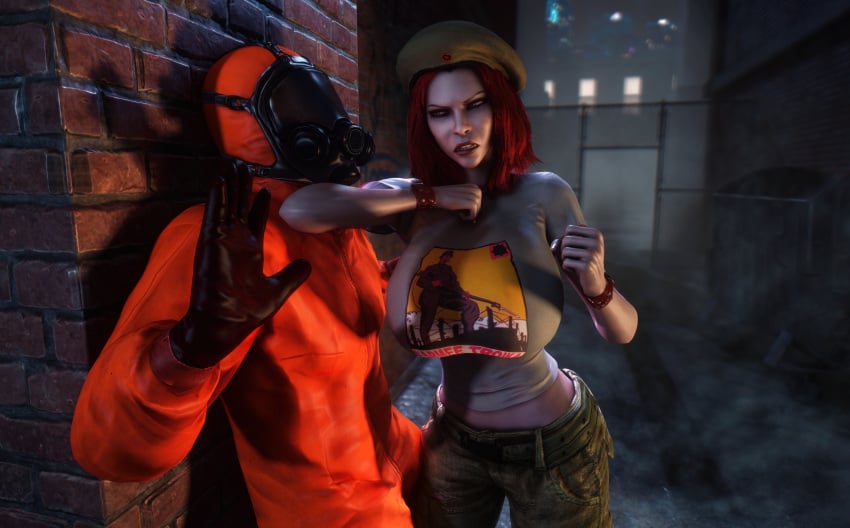 1girls 3d 3d_(artwork) alternate_breast_size beret breasts_bigger_than_head camo_clothing camouflage_pants clothed clothed_female damsel_(vtmb) female hat hazmat_suit huge_breasts jeans looking_at_another red_hair vaako vampire vampire_girl vampire_the_masquerade_bloodlines