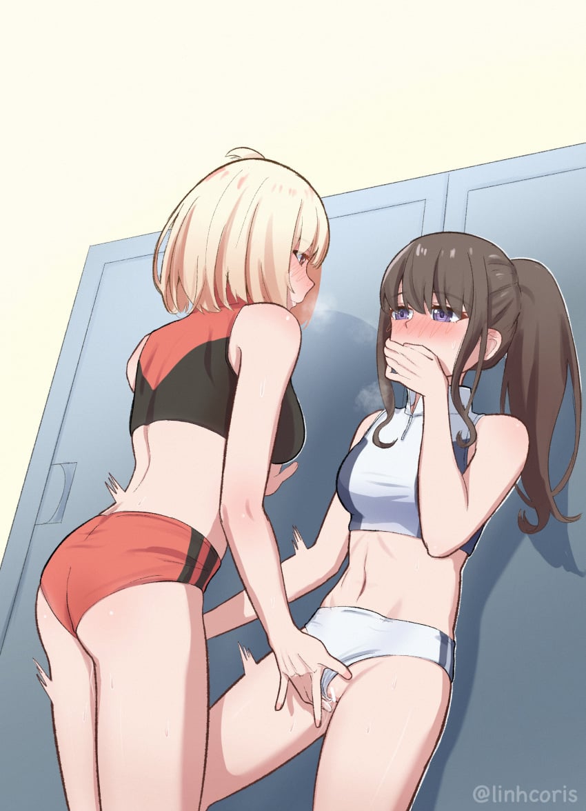 2girls absurdres artist_name ass black_hair black_sports_bra blonde_hair blue_sports_bra buruma commentary covering_mouth crop_top english_commentary fingering hair_ribbon highres inoue_takina linhcoris long_hair lycoris_recoil multiple_girls navel nishikigi_chisato ponytail purple_eyes red_buruma red_eyes red_ribbon red_sports_bra ribbon short_hair sports_bra standing twitter_username two-tone_sports_bra watermark white_buruma white_sports_bra yuri