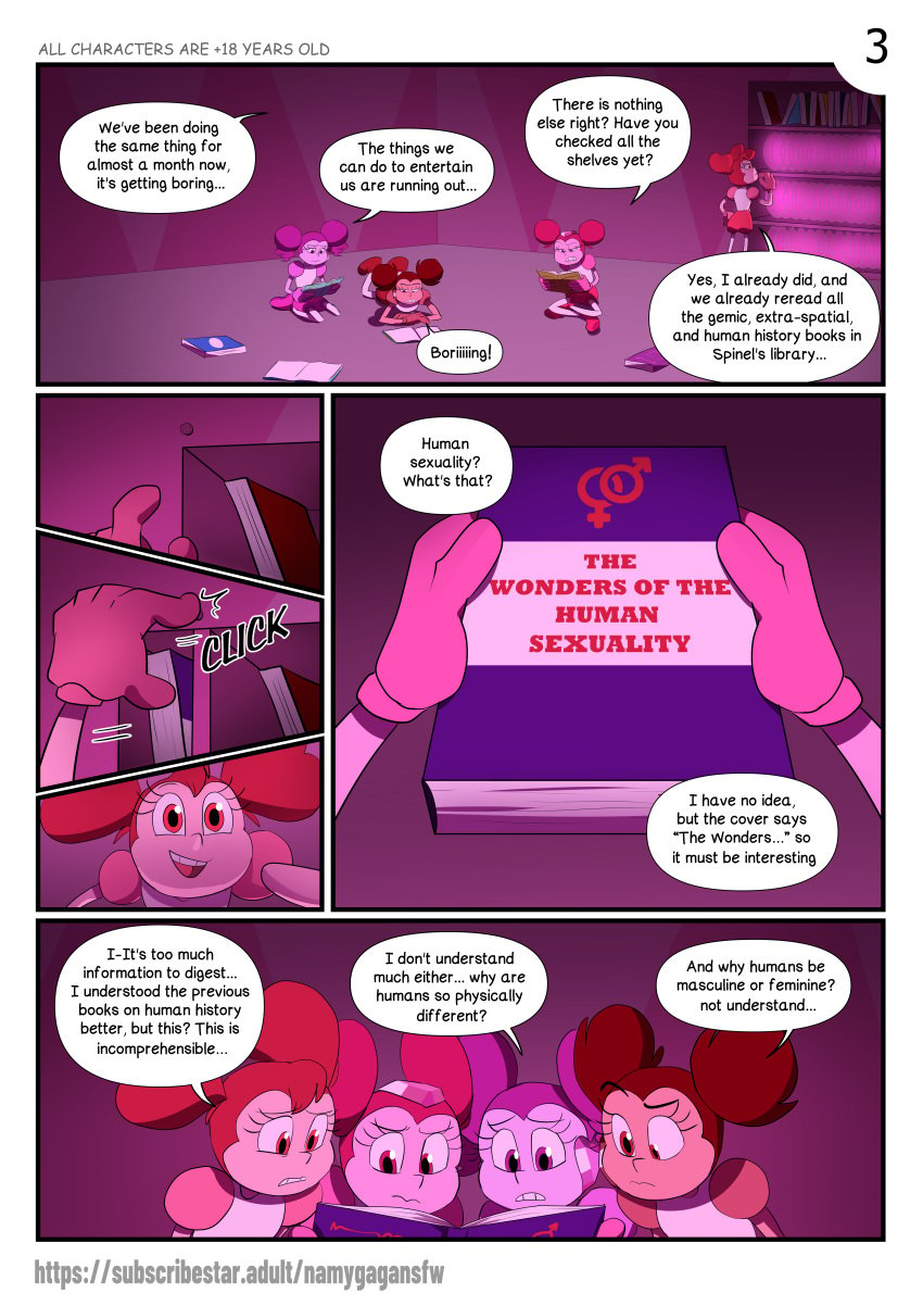 4girls absurd_res clitoris comic comic_page dialogue english_text female female_only gangbang group namygaga petite self_upload spinel_(steven_universe) steven_universe text twintails yuri