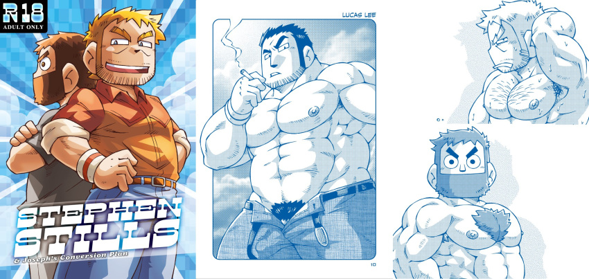 2boys abs alternate_muscle_size armpit_hair armpit_hair_peek back-to-back bara beard beard_stubble blue_theme blush chest_hair cigarette collared_shirt couple cover cover_page covered_penis cross_section doujin_cover english_commentary facial_hair feet_out_of_frame forked_eyebrows from_below full_beard gay hands_on_own_hips highres holding holding_cigarette joseph_(scott_pilgrim) large_pectorals long_sideburns lucas_lee male_focus male_only male_pubic_hair monochrome multiple_boys muscular muscular_male mustache_stubble navel nipples no_male_underwear noda_gaku open_fly paid_reward_available pectorals penis penis_peek pubic_hair pubic_hair_peek scott_pilgrim scott_pilgrim_takes_off second-party_source shirt short_hair shy sideburns sparse_stubble stephen_stills stomach strongman_waist thick_beard thick_chest_hair thick_eyebrows topless_male v-shaped_eyebrows yaoi