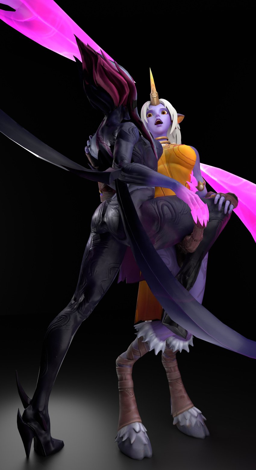 1futa 1girls 3d absurd_res animal_genitalia_on_humanoid ass clothed demon demon_girl dickgirl embrace evelynn female femdom futanari futasub gold_eyes horsecock horsecock_on_humanoid kinkyleague3d league_of_legends open_mouth pink_hair purple_skin self_upload soraka succubus suprised white_hair