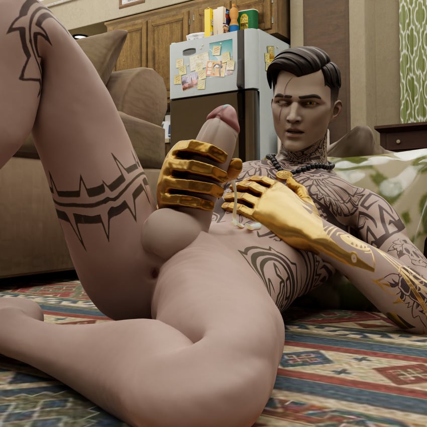 1boy 3d black_hair carpet fortnite gold_(metal) gold_eyes gold_hands jerkingoff leg_up looking_at_penis male male_only masculine masturbation midas_(fortnite) muscular on_carpet on_floor orbit_nsfw solo solo_male stroking_penis tattoos