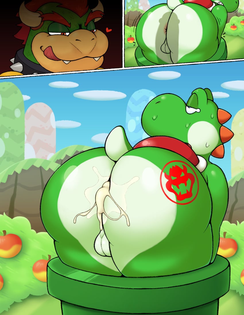 after_sex anus apple ass balls big_butt big_mouth_(anatomy) bodily_fluids bowser bowser_logo butt_heart cloud collar cum cum_in_ass cum_inside duo eyebrows fangs food fruit gay genital_fluids genitals grass green_body green_yoshi hair heart hi_res hill horn koopa leaking_cum looking_down looking_down_at_partner male male/male male_only mario_(series) nintendo orange_eyebrows orange_eyes orange_hair outdoors pipes plant property protagonistsub_antagonistdom red_shell scales scalie shadow shell shrub sky spiked_collar spikes spikes_(anatomy) stamp struggling struggling_to_fit stuck stuck_in_pipe super_mario_bros. sweat tail tears teeth thick_eyebrows thick_thighs tongue tongue_out warp_pipe yellow_body yoshi zlut385