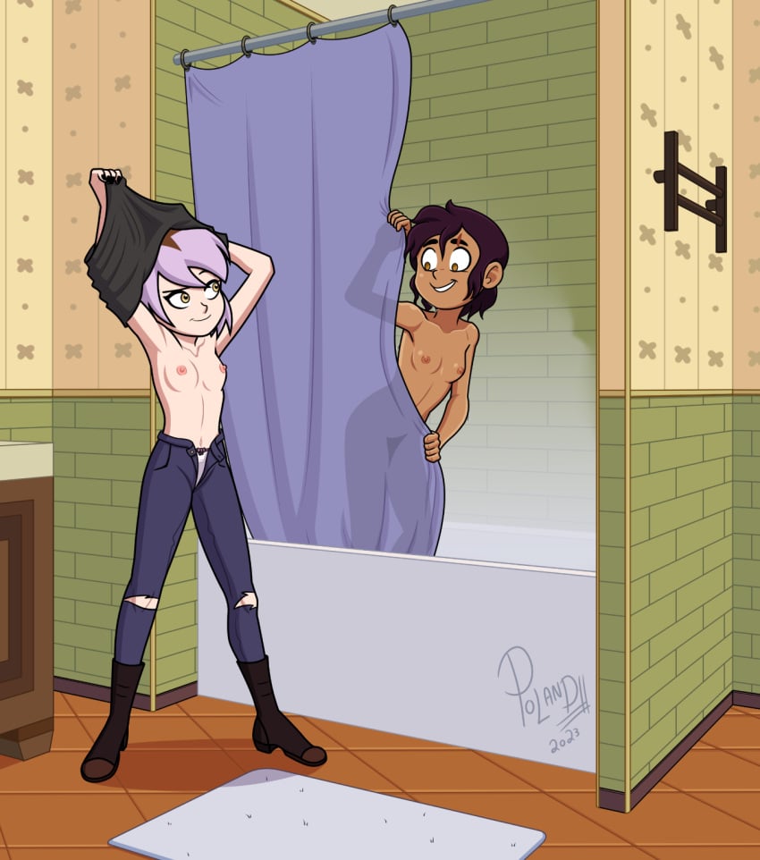 2girls amity_blight breasts canon_couple female female_only jeans luz_noceda multiple_girls naked naked_female nude nude_female poland_(artist) purple_hair shower small_breasts tagme taking_clothes_off the_owl_house yuri