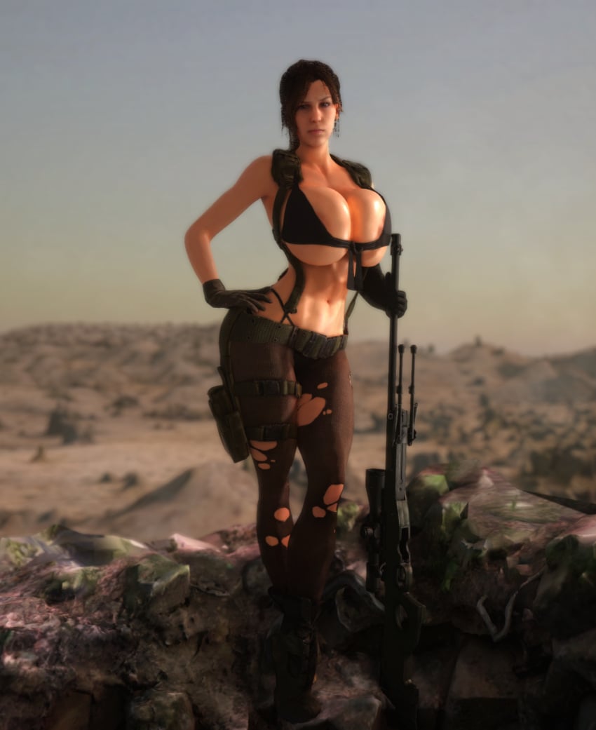 1girls 3d 3d_(artwork) alternate_breast_size bikini bikini_bottom bikini_top black_bikini black_bikini_bottom black_bikini_top breasts breasts_bigger_than_head brown_hair cleavage clothed clothed_female female female_only female_solo gun hand_on_hip holding_gun holding_object holding_sniper_rifle holding_weapon hourglass_figure huge_breasts human human_female human_only metal_gear metal_gear_solid metal_gear_solid_v panties ponytail quiet_(metal_gear) skimpy skimpy_clothes small_waist sniper sniper_rifle solo solo_female thin_waist top_heavy torn_clothes torn_clothing vaako wasp_waist weapon wide_hips