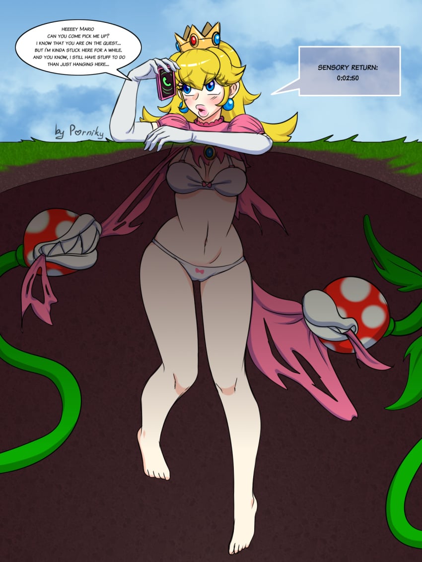 1girls blonde_hair blue_eyes blush bra breasts clothing dress female green_tentacles kankaku_shadan legs_together long_hair mario_(series) matching_underwear open_mouth panties piranha_plant plant plant_girl plant_transformation porniky pre-transformation princess_peach ripped_clothing sensory_deprivation sharp_teeth stuck_in_floor stuck_in_ground stuck_in_hole tentacle tentacle_pit torn_clothes unaware unawareacles underwear white_bra white_panties wide_hips