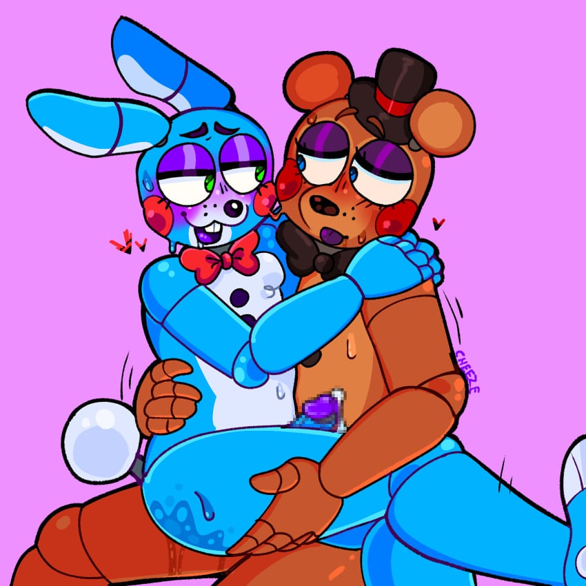 animatronic bear blue_eye blush bodily_fluids bowtie bunny bunny_teeth censored chubby cum cute eyeshadow five_nights_at_freddy's five_nights_at_freddy's_2 fnaf fronnie gay green_eyes happy hearts male/male male_only picklezz sex shiny simple_artstyle simple_background simple_shading sitting sitting_on_lap sweat tagme tongue_out top_hat toy_bonnie_(fnaf) toy_freddy_(fnaf) wholesome wholesome_sex