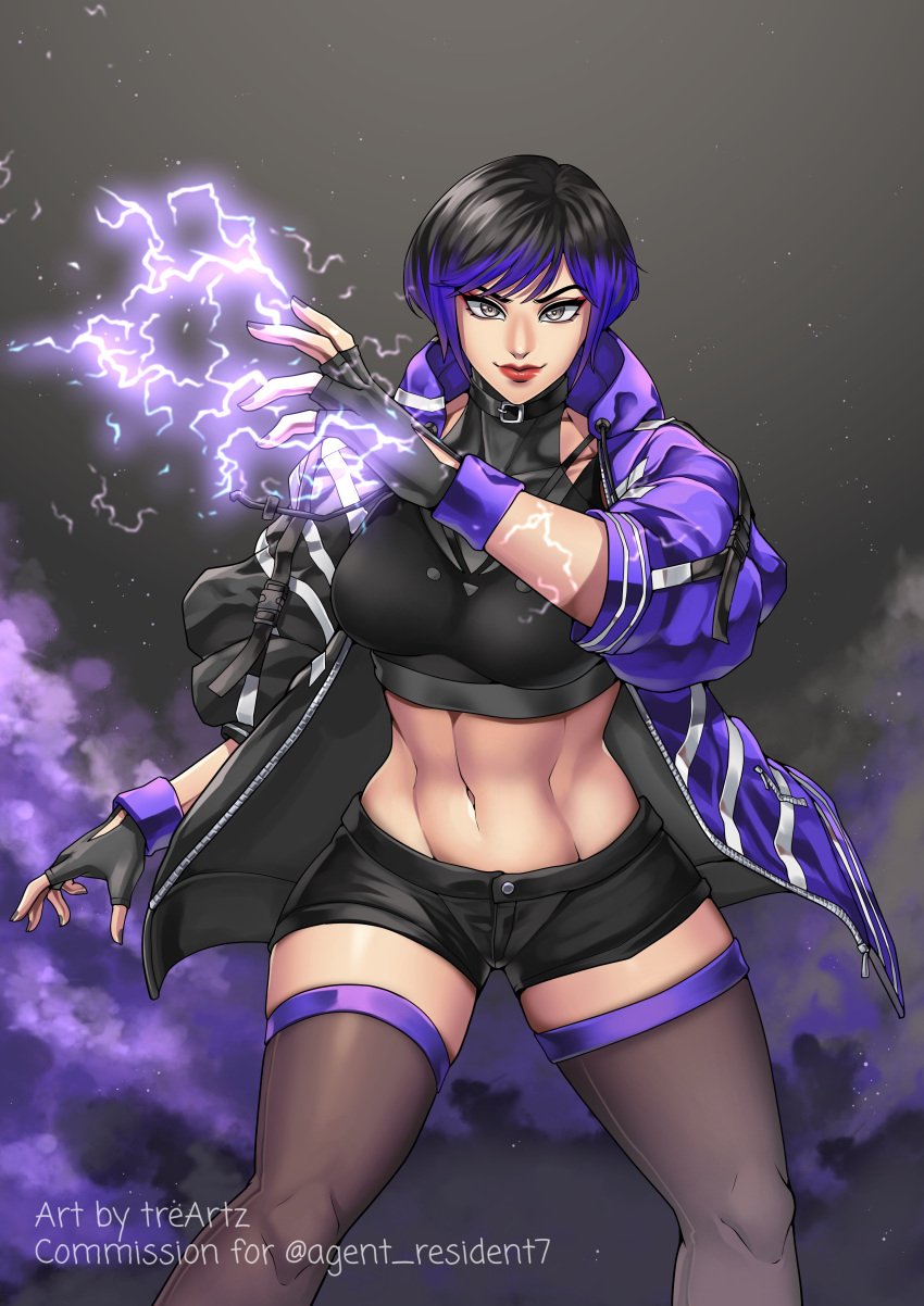 1girls abs athletic athletic_female big_breasts black_clothing black_hair breasts choker electricity female female_only fingerless_gloves gradient_hair jacket light-skinned_female light_skin midriff namco painted_fingernails painted_nails purple_clothing purple_hair reina_mishima short_hair shorts solo solo_female tekken tekken_8 thigh_highs thighhighs thotlerrr toned toned_body toned_female toned_stomach treartz