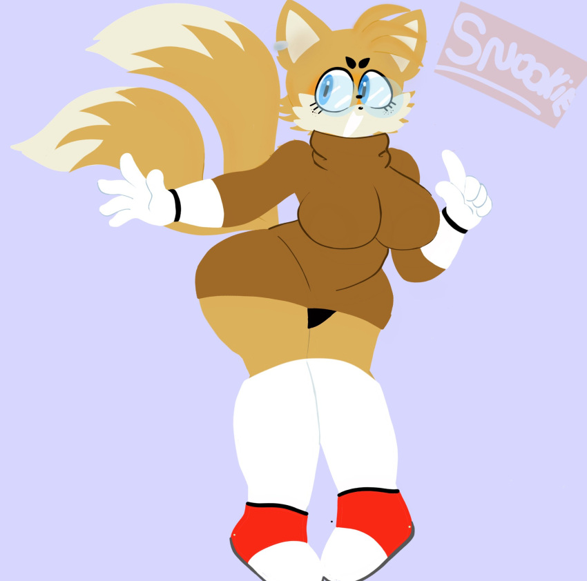 black_panties blue_background blue_eyes boots freckles glasses gloves hourglass_figure orange_fur panties rule_63 simple_background snookie_soup sonic_(series) sunkers sweater tagme tails tails_the_fox tailsko watermark