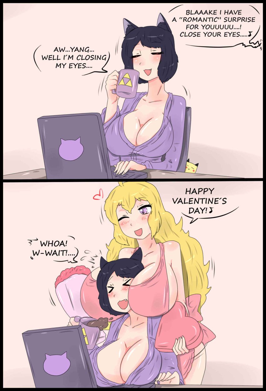 2girls big_breasts black_hair black_hair_female blake_belladonna blonde_female blonde_hair cat_ears cleavage coffee coffee_cup coffee_mug face_against_breast fjtiko huge_breasts laptop long_hair long_hair_female multiple_girls purple_eyes rwby valentine's_day yang_xiao_long zronku