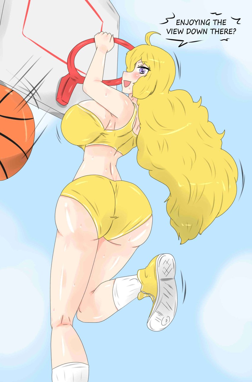 1girls ass ass_focus basketball basketball_(ball) basketball_hoop big_breasts blonde_female blonde_hair fjtiko long_hair long_hair_female purple_hair rwby sweat sweaty_body yang_xiao_long zronku