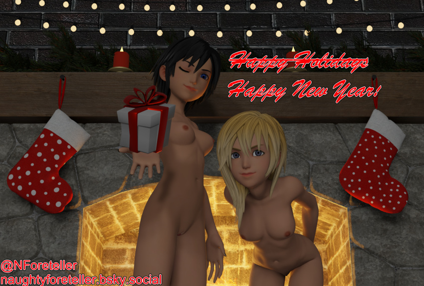 2girls black_hair blender blonde_hair blue_eyes breasts christmas kingdom_hearts looking_at_viewer multiple_girls naked namine naughty_foreteller nobody_(kingdom_hearts) nude nude_female self_upload wink xion