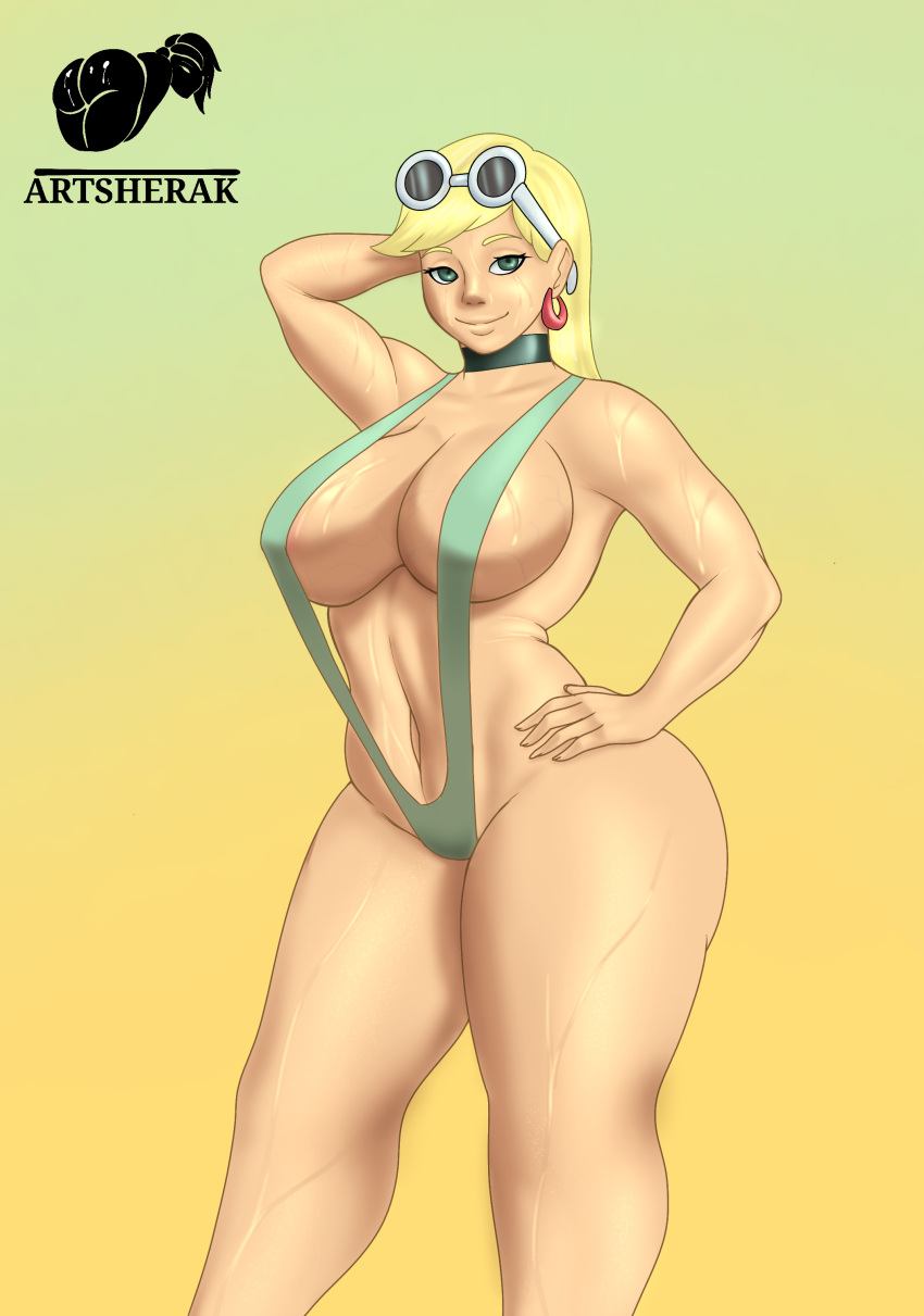 1girls big_ass big_breasts blonde_female blonde_hair earrings female_only glasses green_eyes herak leni_loud sling_bikini slingshot_swimsuit solo_female the_loud_house thick_thighs wide_hips yellow_hair