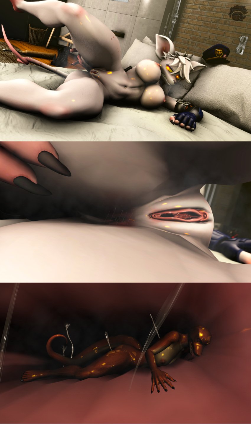 3d_(artwork) absurd_res anal anal_sex anal_vore anthro anus ass bed biped close-up digital_media_(artwork) extreme_close-up extreme_size_difference female female_pred fur furniture genitals hair hi_res internal lizard_(petruz) mammal micro murid murine nude officer_flint_(foretbwat) on_bed penetration pink_anus pussy rat reptile rodent scalie size_difference skrekdathird solo source_filmmaker vore warfare_machine white_body white_fur white_hair