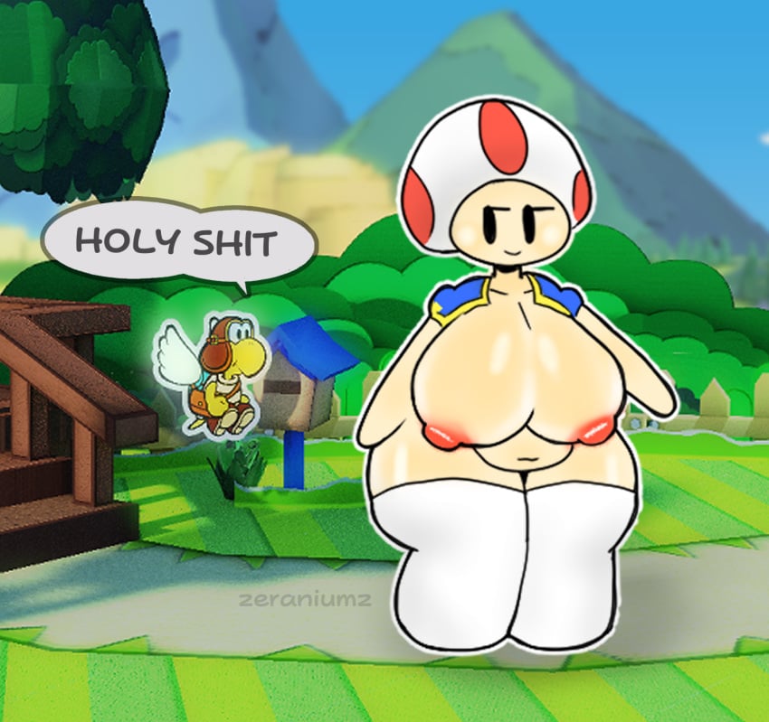 anthrofied bad_anatomy chubby_female dialogue female huge_ass huge_breasts mario_(series) mario_bros mushroom_humanoid nude paper_mario paper_mario:_the_origami_king paper_mario_style public public_exposure public_nudity revealing_clothes shiny_skin teasing thighhighs toad_(mario) what zeraniumz