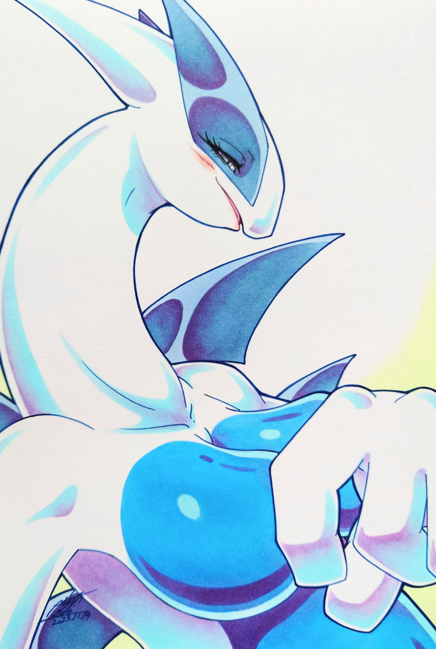 025aki 1girls 2023 abstract_background big_breasts blue_eyes blush blush_lines breasts covering_breasts dated eyelashes female female_only female_pokemon furry furry_only generation_2_pokemon half-closed_eyes huge_breasts legendary_pokémon legendary_pokemon looking_at_viewer lugia navel open_mouth pokémon_(species) pokemon pokemon_(species) pokemon_gsc signature white_body