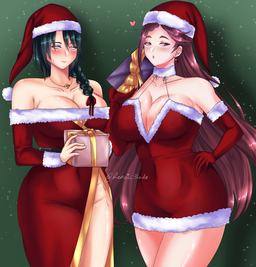 2girls absurdres alternate_costume bare_shoulders blowing_kiss blush braid braided_ponytail breasts christmas cleavage dress earrings female female_only fire_emblem fire_emblem_heroes fur-trimmed_dress fur-trimmed_gloves fur-trimmed_headwear fur_collar fur_trim gift glitter gloves green_hair griff hair_ornament hand_on_own_hip hat heart highres holding jewelry large_breasts lips loki_(fire_emblem) long_hair looking_at_viewer multiple_girls necklace nintendo plunging_neckline purple_eyes purple_hair red_dress renaisblade santa_dress santa_gloves santa_hat shadow short_dress side_slit simple_background single_braid strapless strapless_dress thighs thorr_(fire_emblem) yellow_eyes