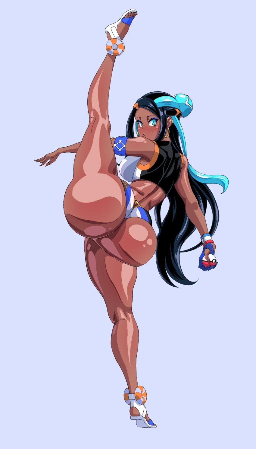 1girls ass big_ass blue_eyes blush bubble_butt dark-skinned_female dark_skin de_kurayami female female_only full_body holding holding_poke_ball looking_at_viewer looking_back nessa_(pokemon) one_leg_up poke_ball pokemon solo solo_female standing standing_on_one_leg