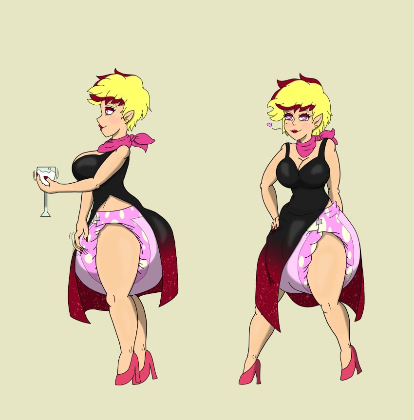 black_dress blonde_hair blondie_(oc) character_profile character_sheet description diaper diaper_fetish dyed_hair hand_on_diaper handkerchief heels lipstick mswedgie123 oc original_character pink_diaper pink_eyes pointy_ears red_dress star_eyes star_shaped_pupils tall_female witch