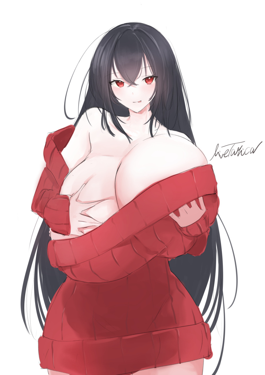 1girls artist_name azur_lane bare_shoulders black_hair blush breast_lift breasts cleavage collarbone cowboy_shot crossed_bangs deep_skin dress female female_only gigantic_breasts hair_between_eyes highres huge_breasts licking_lips light-skinned_female light_skin livetarica long_hair looking_at_viewer off-shoulder_sweater off_shoulder red_eyes red_sweater sakura_empire_(azur_lane) signature solo standing sweater sweater_dress taihou_(azur_lane) tongue tongue_out very_long_hair wide_hips