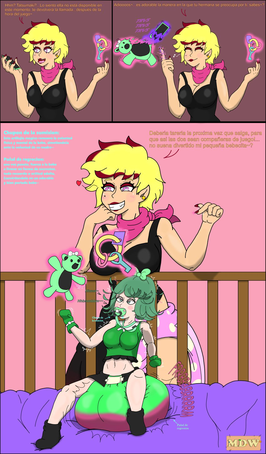 2girls 3panels baby_clothes black_dress blonde_hair blondie_(oc) child_toys comic cradle crib dialogue diaper diaper_fetish diapered fart female female_only full_diaper green_hair infantilism magic magic_user messy_diaper mind_control mitten_hands mittens mswedgie123 multiple_girls oc one-punch_man original_character pacifier personality_excretion pink_eyes regression ribbons shortstack spanish_text star_shaped_pupils tall_female tatsumaki teddy_bear text transformation_through_magic translation_request