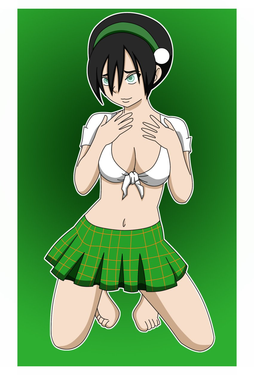 avatar_the_last_airbender big_breasts black_hair breasts cleavage clothed clothing female female_only front-tie_top green_background hair hairband human kneeling medium_breasts no_bra on_knees pervyangel school_uniform skirt solo solo_female straight_hair toph_bei_fong uncensored white_background