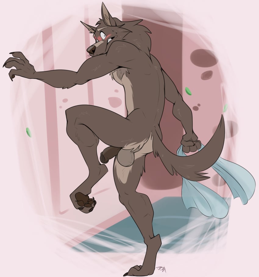 2024 4_toes 5_fingers anthro armpit_hair ass backsack balls black_nose blush body_hair canid canine canis claws dragondrawer embarrassed feet finger_claws fingers fur genitals grey_body grey_fur hi_res hindpaw humanoid_hands looking_at_viewer looking_back looking_back_at_viewer lyall_(lyre) lyre_(visual_novel) male mammal nude one_leg_up paws penis perineum raised_leg solo surprise teeth toe_claws toes towel wolf