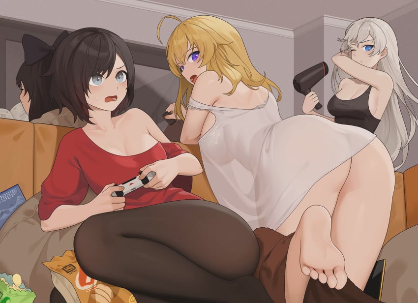 100wang 2024 4girls ass black_hair blake_belladonna blonde_hair blue_eyes cleavage controller female female_only hair_dryer hair_ornament highres indoors large_breasts light-skinned_female light_skin long_hair open_mouth purple_eyes ruby_rose rwby scar see-through see-through_clothing short_hair silver_eyes team_rwby wangxiii weiss_schnee white_hair yang_xiao_long