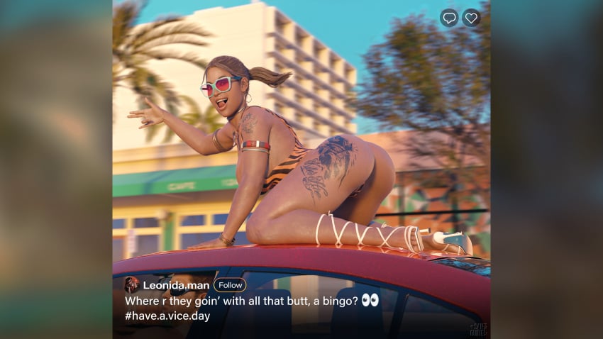 1girls 3d 4k ass big_ass big_butt car chris_redfield clothed cosplay crossover dark-skinned_female dark_glasses dark_skin dat_ass dodge dodge_(brand) female female_only glasses grand_theft_auto_vi high_heels instagram leotard palm_tree ponytail recording red-tinted_eyewear resident_evil resident_evil_5 sanguine3dx sheva_alomar smile smiling social_media solo sunglasses tattoo tiger_print tiktok tinted_eyewear tongue_out twerk twerking twerking_girl_(gta_vi) user_interface