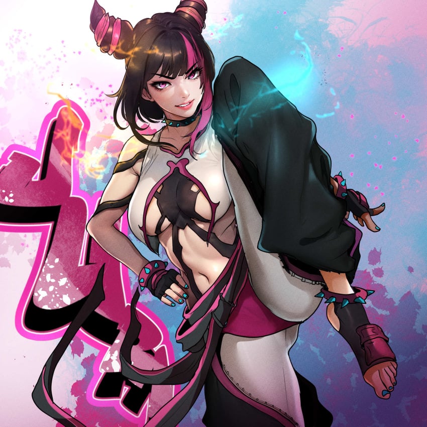 1girls 2024 bent_leg black_hair capcom female female_only hair_horns hi_res juri_han looking_at_viewer pink_eyes pink_highlights smiling smiling_at_viewer solo standing_on_one_leg stasis_mk3 street_fighter street_fighter_6