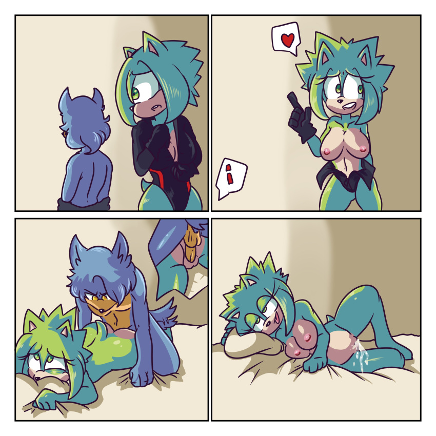 absurd_res blue_hair bodily_fluids boyfriends canid canine canis comic cum cum_inside doggy_style duo eulipotyphlan fan_character female from_behind_position fur genital_fluids green_body green_fur hair hedgehog hi_res male male/female mammal mobian_hedgehog mobian_wolf omegamax sex wolf