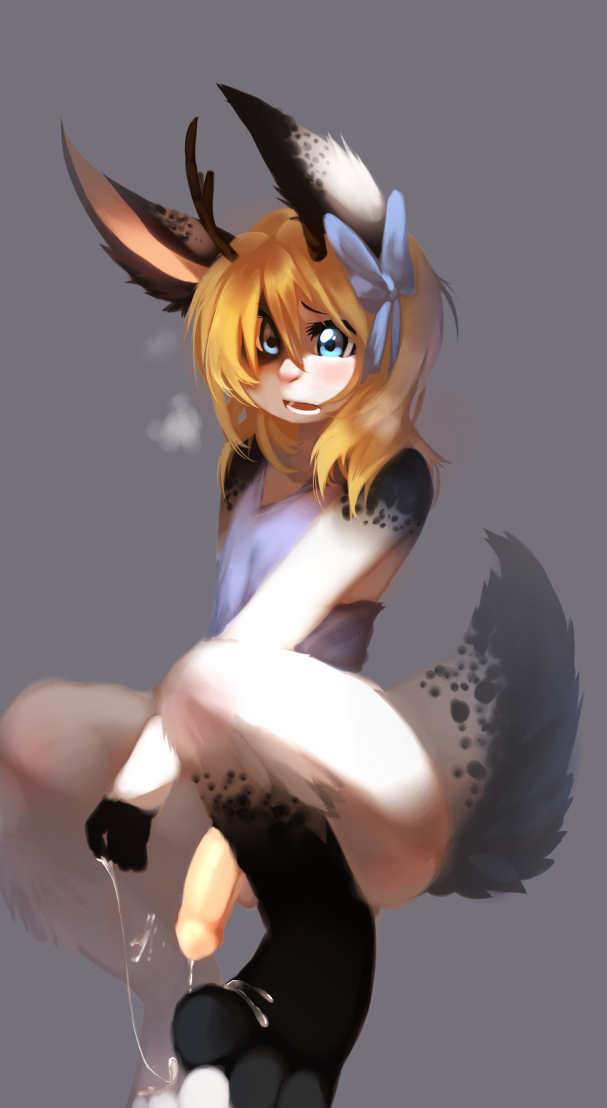 1boy allen_myriad anthro antlers blonde_hair blue_eyes bow cum cum_on_feet cum_on_self fur furry girly hair hindpaw horn itragedy jackalope kanel lagomorph lapine male_only paws penis rabbit simple_background testicles trap