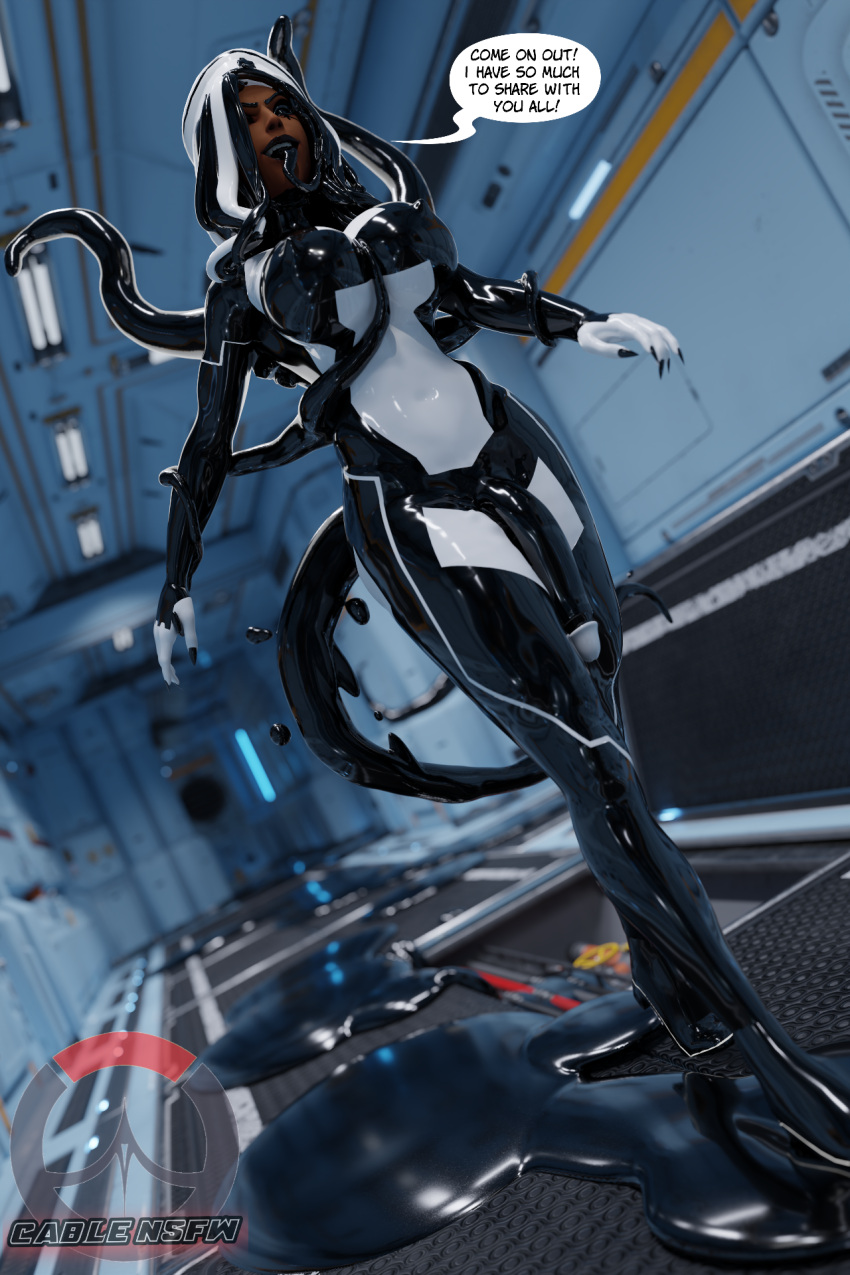 3d ana_amari beret black_eyes cablensfw catsuit futa_only futanari goo huge_cock large_breasts large_penis latex long_hair long_tongue overwatch overwatch_2 sharp_fingernails slime solo speech_bubble symbiote tail tentacle_grab tentacle_grabbing_breast tentacles tongue_out walking watermark